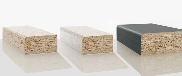    drei Holzleisten in unterschiedlichen Formen der Oberflächenkaschierung 